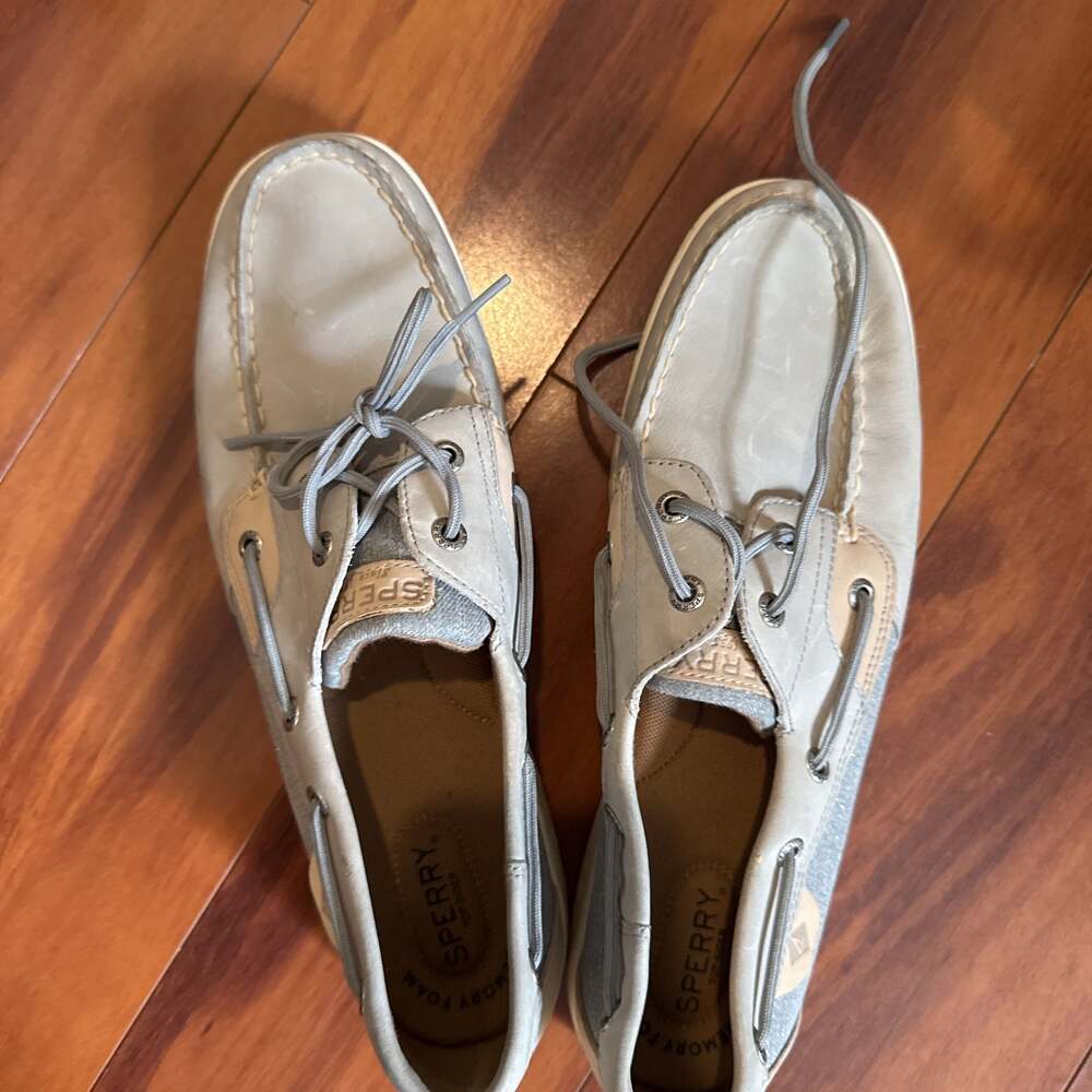 Sperry Songfish Grey & Tan Leather Top-Siders Slip On Boat Shoes womens